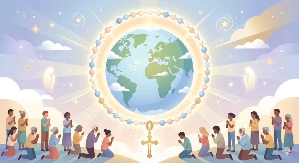 Cinquième Mystère : Prière pour l’Humanité - un chapelet entourant la Terre entière baignée dans une lumière bienveillante